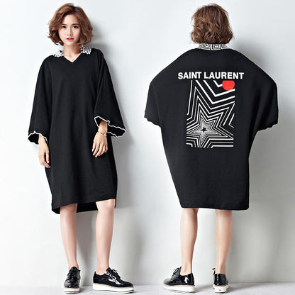 Loose Plus Size Split-Joint Black Midi Dress