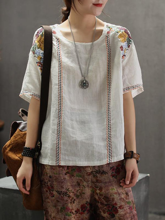 Vintage Embroidered Linen Round Collar T-Shirt