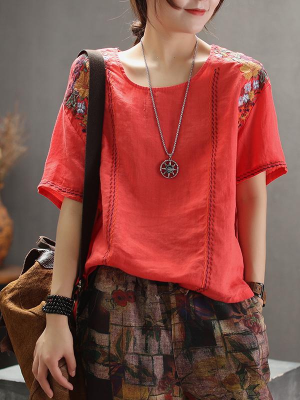 Vintage Embroidered Linen Round Collar T-Shirt