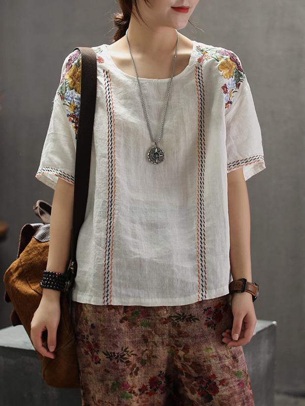 Vintage Embroidered Linen Round Collar T-Shirt