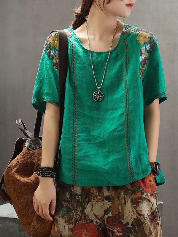 Vintage Embroidered Linen Round Collar T-Shirt