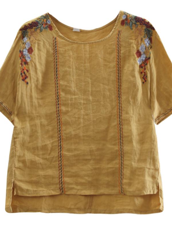 Vintage Embroidered Linen Round Collar T-Shirt