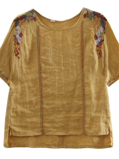 Vintage Embroidered Linen Round Collar T-Shirt