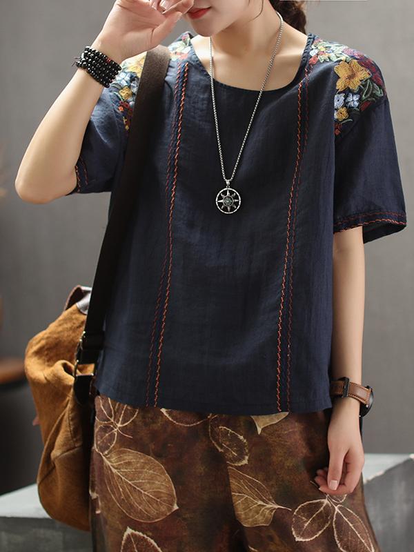 Vintage Embroidered Linen Round Collar T-Shirt