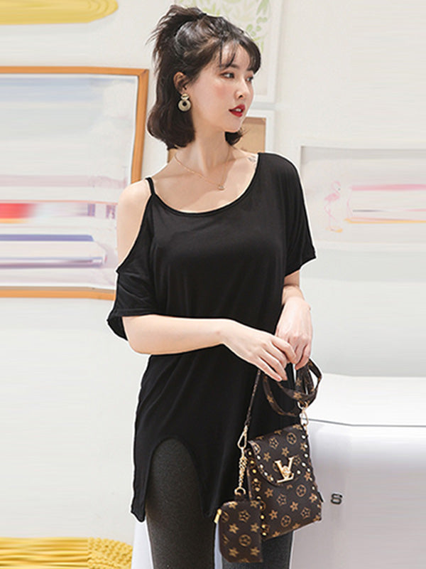 Casual Solid Color Asymmetric Cold Shoulder Spaghetti-Neck T-Shirt