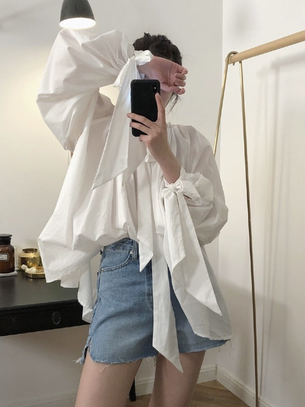 Vintage White Loose Puff Sleeve Shirt