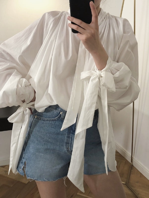 Vintage White Loose Puff Sleeve Shirt