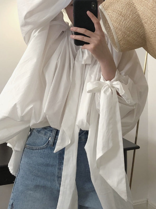 Vintage White Loose Puff Sleeve Shirt