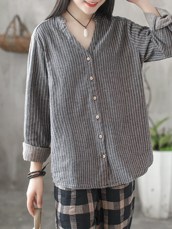 Vintage Loose Stripe Cropped V-Neck Shirt