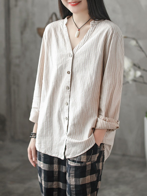 Vintage Loose Stripe Cropped V-Neck Shirt