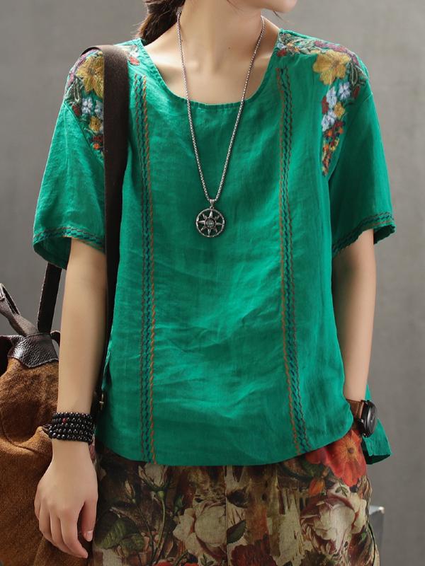 Vintage Embroidered Linen Round Collar T-Shirt