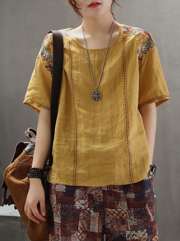 Vintage Embroidered Linen Round Collar T-Shirt