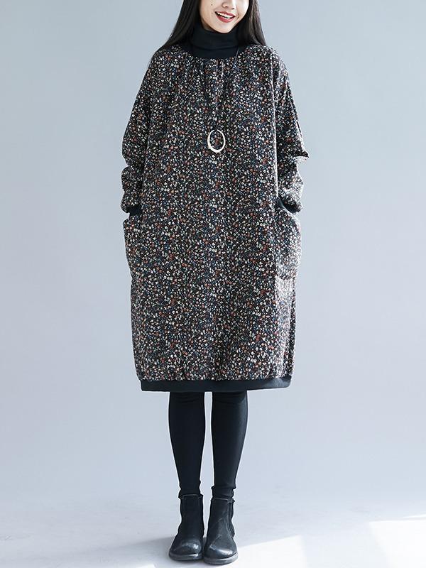 LOOSE FLORAL HIGH COLLAR VELVET MIDI DRESS - Zebrant