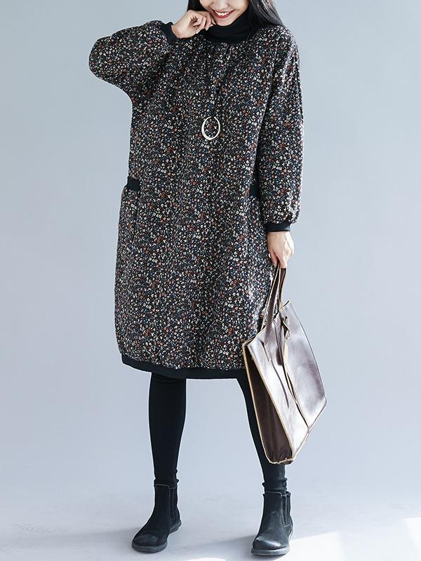 LOOSE FLORAL HIGH COLLAR VELVET MIDI DRESS - Zebrant