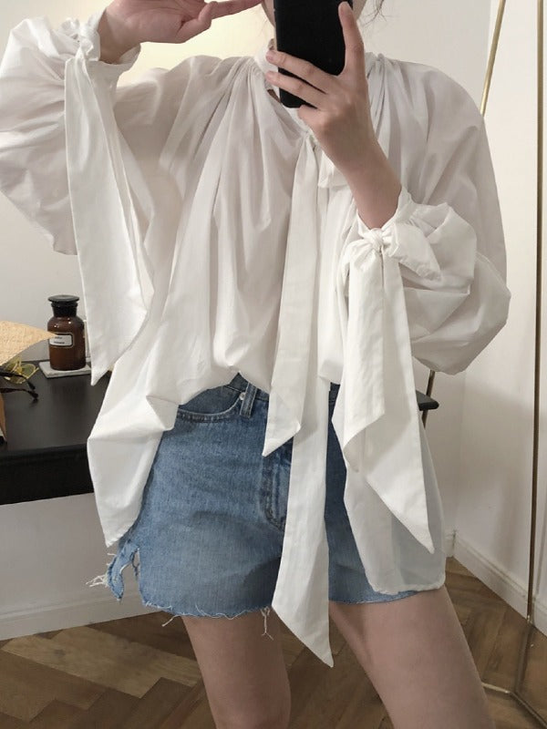 Vintage White Loose Puff Sleeve Shirt