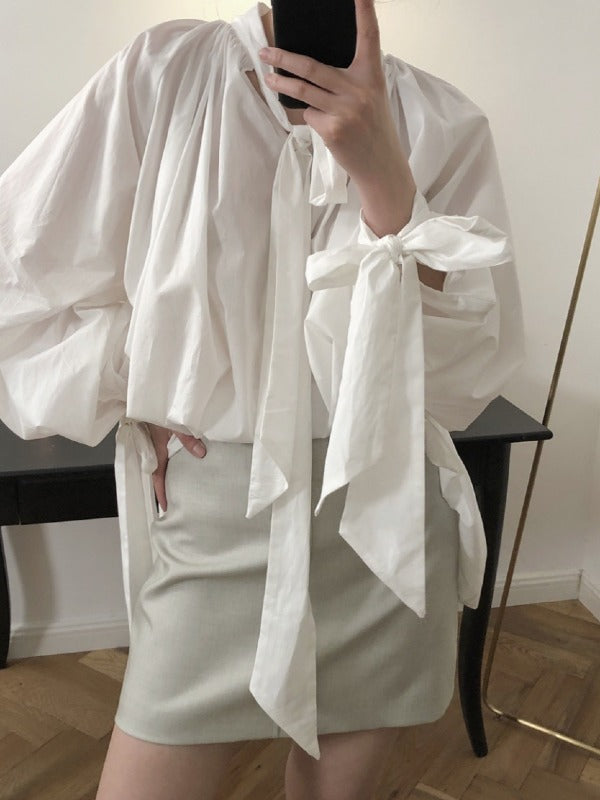 Vintage White Loose Puff Sleeve Shirt