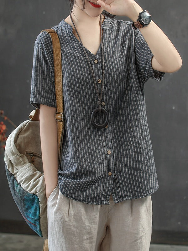 Vintage Loose Stripe Cropped V-Neck Shirt