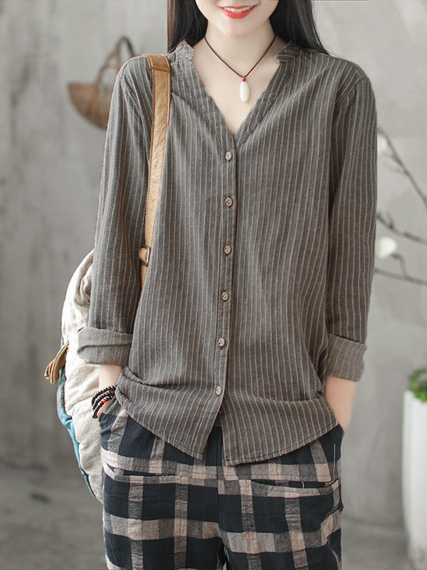 Vintage Loose Stripe Cropped V-Neck Shirt