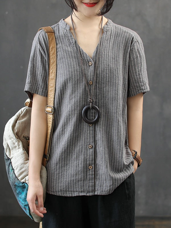 Vintage Loose Stripe Cropped V-Neck Shirt