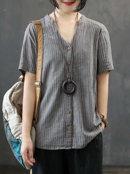 Vintage Loose Stripe Cropped V-Neck Shirt