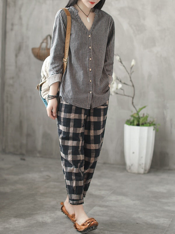 Vintage Loose Stripe Cropped V-Neck Shirt