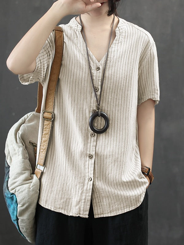 Vintage Loose Stripe Cropped V-Neck Shirt