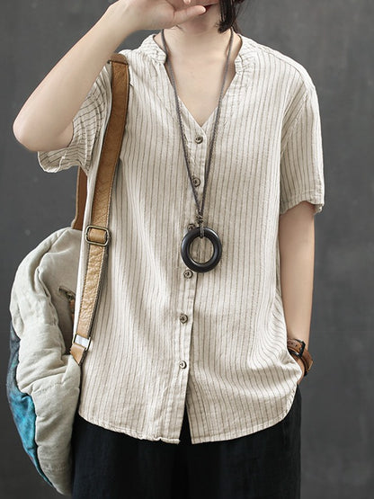 Vintage Loose Stripe Cropped V-Neck Shirt