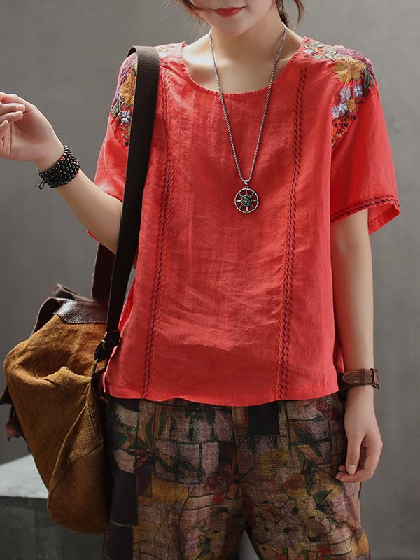 Vintage Embroidered Linen Round Collar T-Shirt