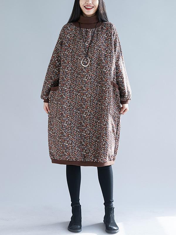 LOOSE FLORAL HIGH COLLAR VELVET MIDI DRESS - Zebrant