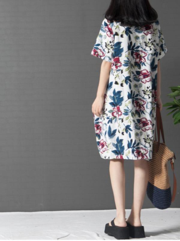 Casual Floral Cotton Short Dress