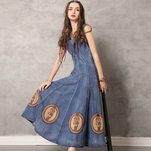 Round neck waistcoat long skirt retro Embroidered Denim Dress