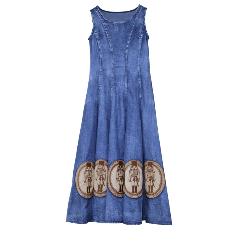 Round neck waistcoat long skirt retro Embroidered Denim Dress