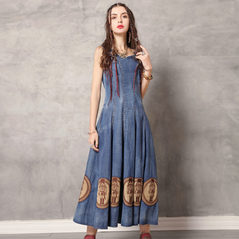 Round neck waistcoat long skirt retro Embroidered Denim Dress