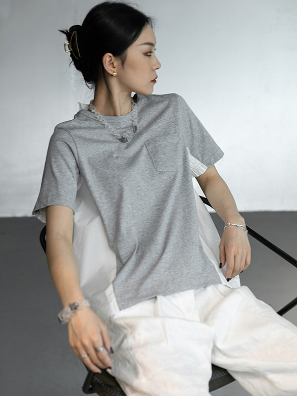 Original Split-Joint Round-Neck High-Low Buttoned T-Shirt