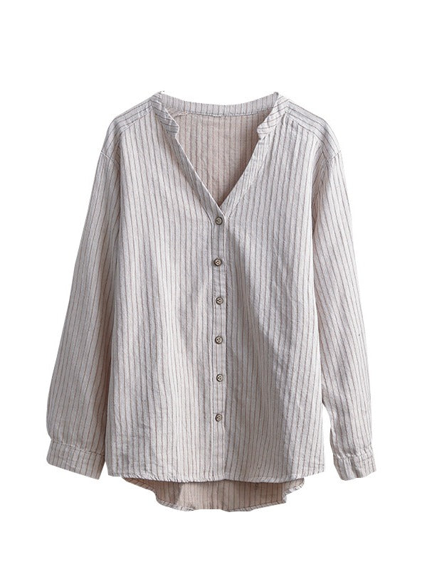 Vintage Loose Stripe Cropped V-Neck Shirt
