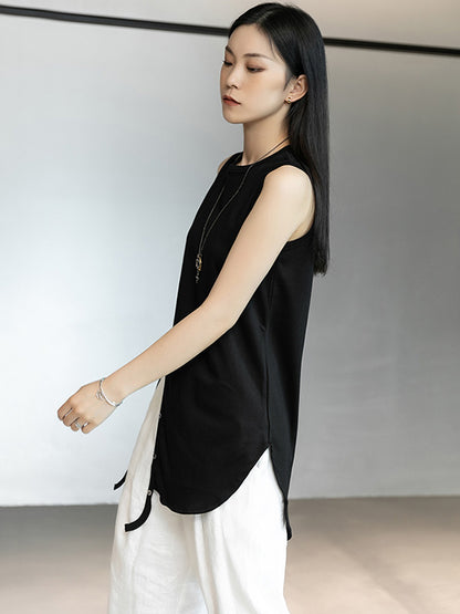 Simple Black&White Split-Side Sleeveless Round-Neck Vest