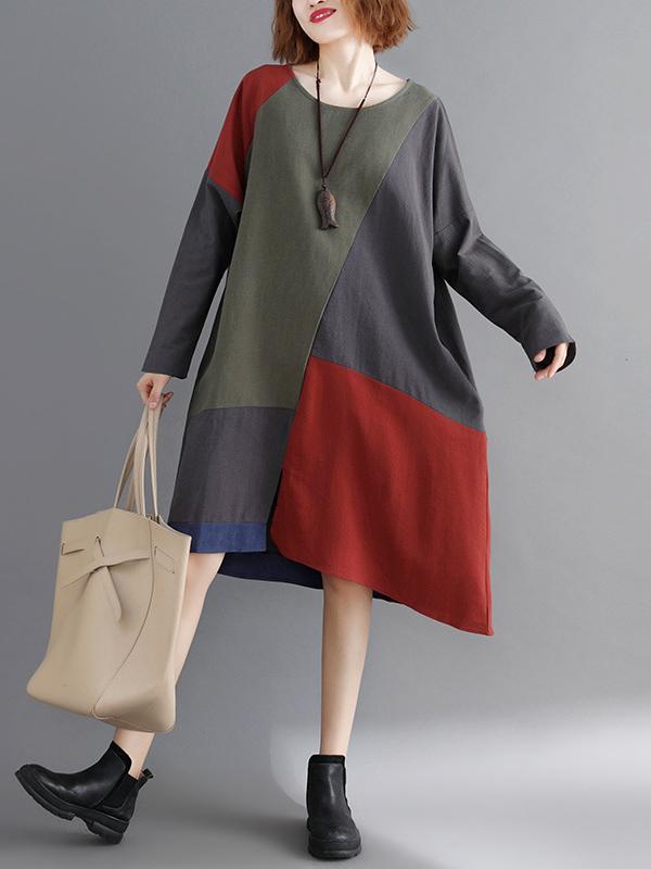 Loose Split-joint Contrast Color Midi Dress