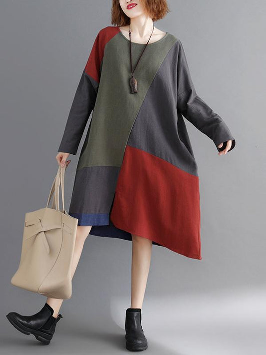 Loose Split-joint Contrast Color Midi Dress