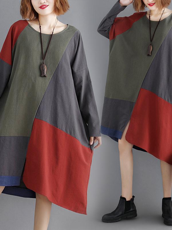 Loose Split-joint Contrast Color Midi Dress