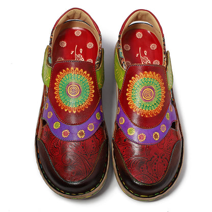 Leather Handmade Flower Retro Flat-soled Casual Sandals