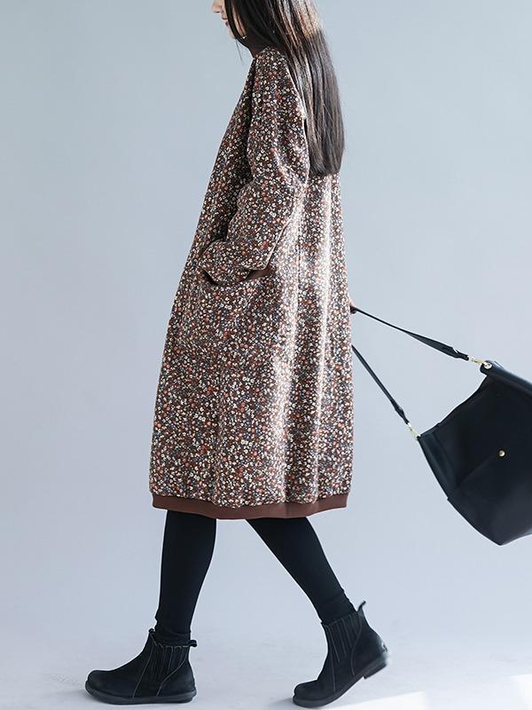 LOOSE FLORAL HIGH COLLAR VELVET MIDI DRESS - Zebrant