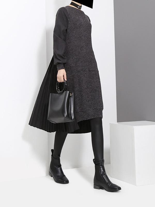 Stitched Pleated Round Neck Kniting Dress