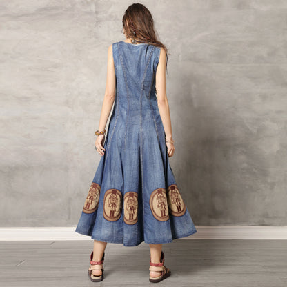 Round neck waistcoat long skirt retro Embroidered Denim Dress