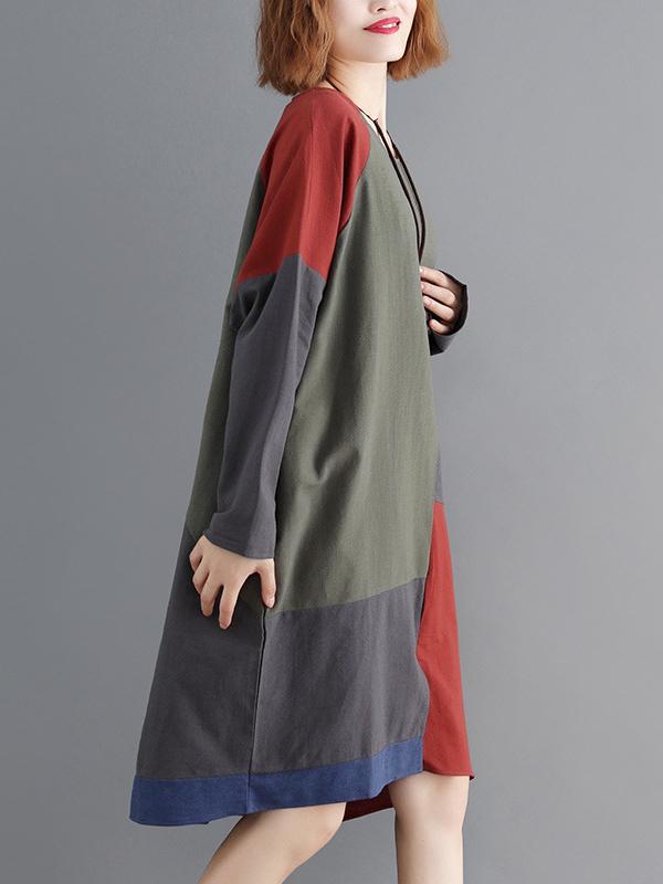 Loose Split-joint Contrast Color Midi Dress