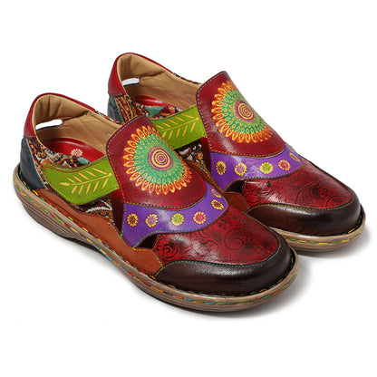 Leather Handmade Flower Retro Flat-soled Casual Sandals