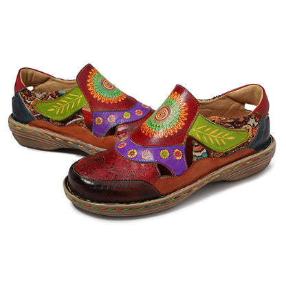 Leather Handmade Flower Retro Flat-soled Casual Sandals