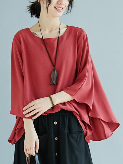 Solid Cropped Flared Sleeves Tops