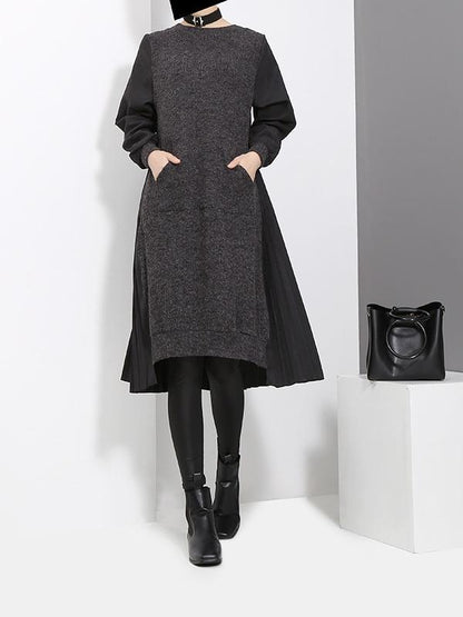 Stitched Pleated Round Neck Kniting Dress