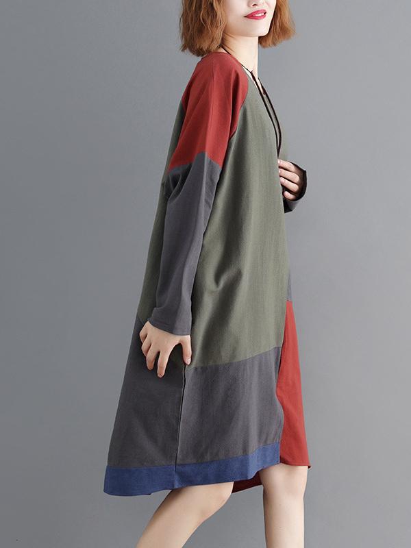 Loose Split-joint Contrast Color Midi Dress