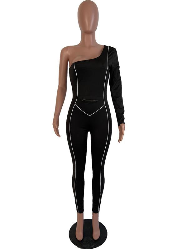 Sexy Solid Color One-Shoulder Long Sleeves Sports  Jumpsuits